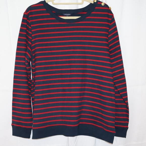 Lands End Crew Neck Cranberry Blue Strip Top Size XL 18 Long Sleeves Pullover - Picture 10 of 11